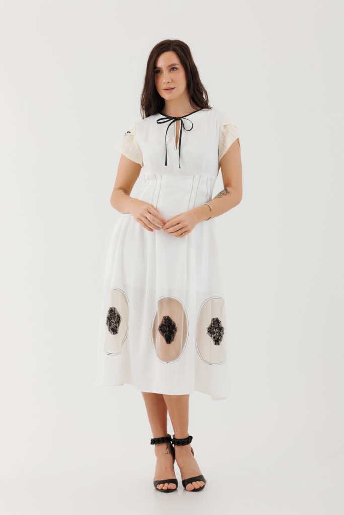 Rochie MATHILDE ETTA alba din voal. Materiale naturale, design unicat, cu broderie si aplicatii handmade
