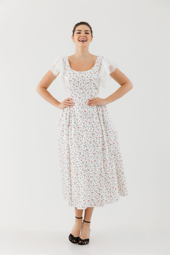 Rochie MATHILDE MELODY alba din poplin cu imprimeu floral. Materiale naturale, design unicat, cu broderie si aplicatii handmade