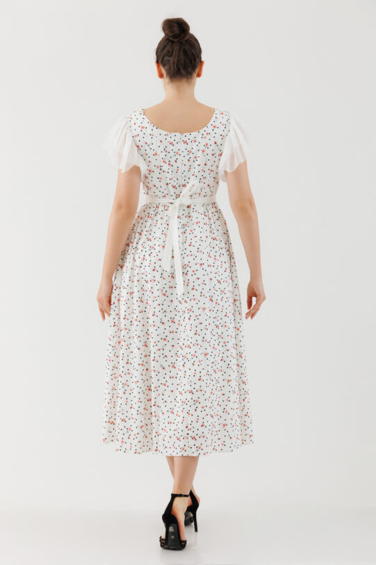 Rochie MATHILDE MELODY alba din poplin cu imprimeu floral. Materiale naturale, design unicat, cu broderie si aplicatii handmade
