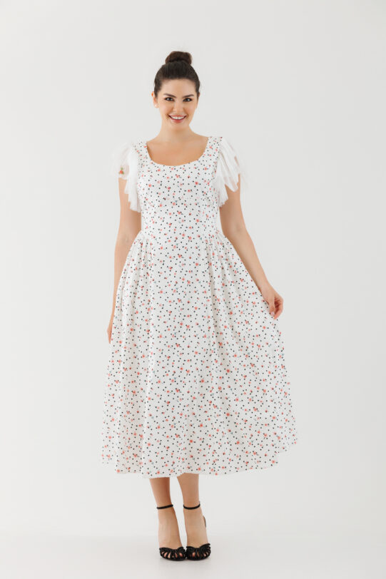 Rochie MATHILDE MELODY alba din poplin cu imprimeu floral. Materiale naturale, design unicat, cu broderie si aplicatii handmade