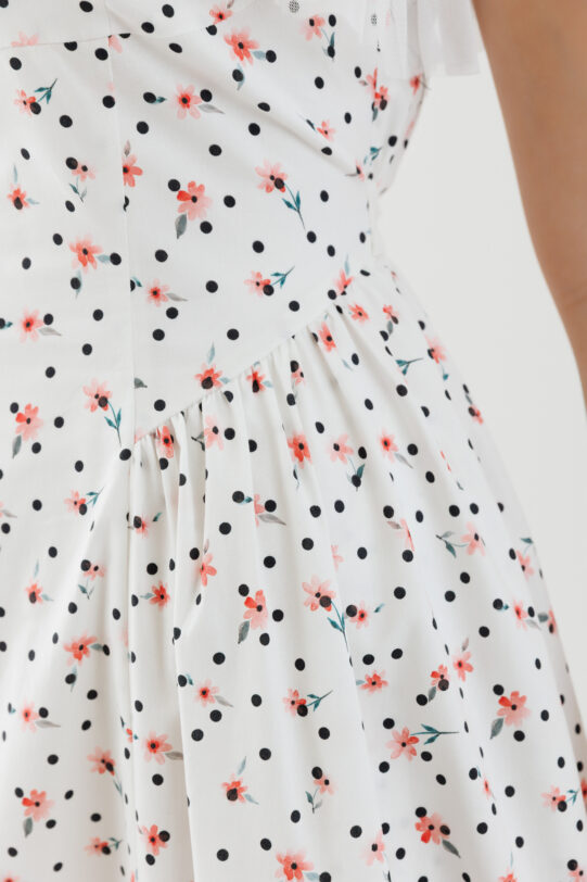 Rochie MATHILDE MELODY alba din poplin cu imprimeu floral. Materiale naturale, design unicat, cu broderie si aplicatii handmade