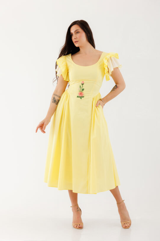 Rochie MATHILDE MELODY galbena din poplin. Materiale naturale, design unicat, cu broderie si aplicatii handmade