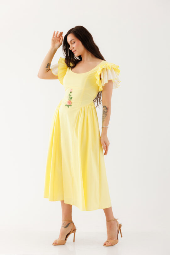 Rochie MATHILDE MELODY galbena din poplin. Materiale naturale, design unicat, cu broderie si aplicatii handmade
