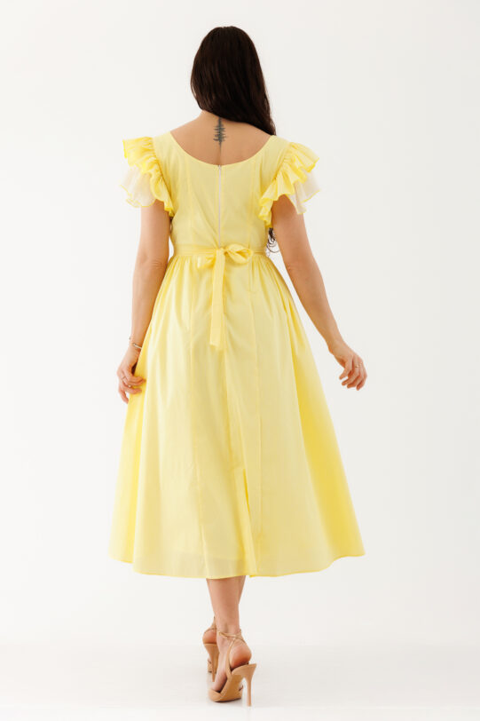 Rochie MATHILDE MELODY galbena din poplin. Materiale naturale, design unicat, cu broderie si aplicatii handmade
