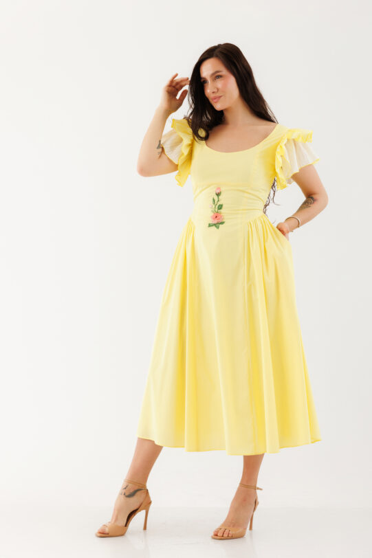 Rochie MATHILDE MELODY galbena din poplin. Materiale naturale, design unicat, cu broderie si aplicatii handmade