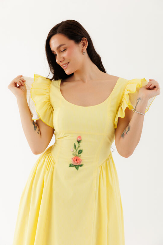 Rochie MATHILDE MELODY galbena din poplin. Materiale naturale, design unicat, cu broderie si aplicatii handmade