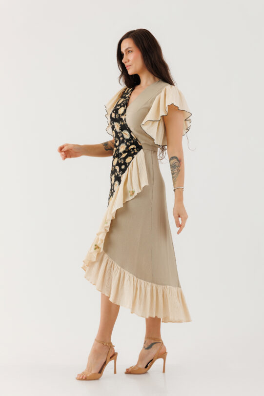 Rochie MATHILDE TANIA crem cu imprimeu din poplin. Materiale naturale, design unicat, cu broderie si aplicatii handmade