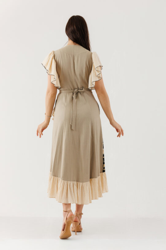 Rochie MATHILDE TANIA crem cu imprimeu din poplin. Materiale naturale, design unicat, cu broderie si aplicatii handmade