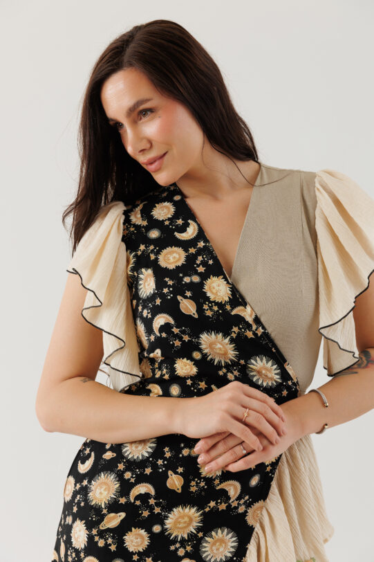 Rochie MATHILDE TANIA crem cu imprimeu din poplin. Materiale naturale, design unicat, cu broderie si aplicatii handmade