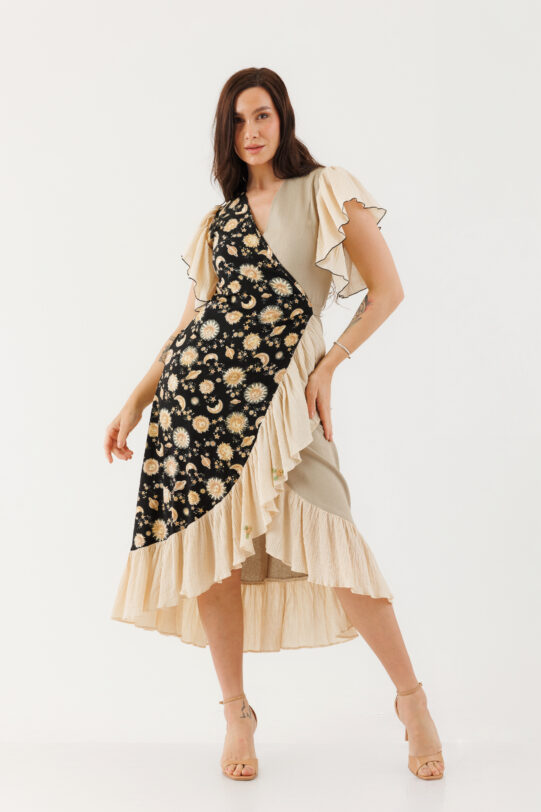 Rochie MATHILDE TANIA crem cu imprimeu din poplin. Materiale naturale, design unicat, cu broderie si aplicatii handmade