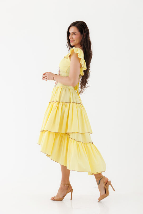 Rochie MATHILDE VALY galbena din poplin. Materiale naturale, design unicat, cu broderie si aplicatii handmade