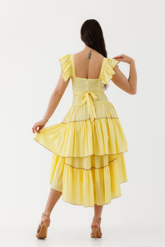 Rochie MATHILDE VALY galbena din poplin. Materiale naturale, design unicat, cu broderie si aplicatii handmade
