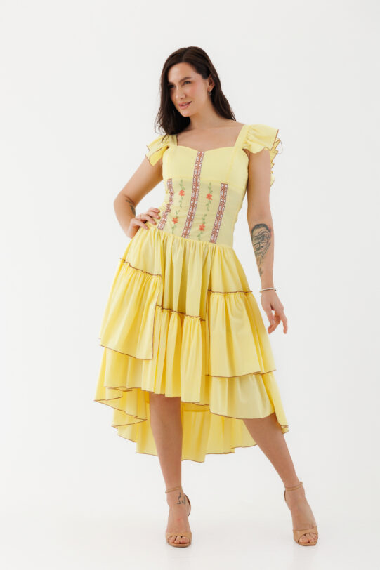 Rochie MATHILDE VALY galbena din poplin. Materiale naturale, design unicat, cu broderie si aplicatii handmade