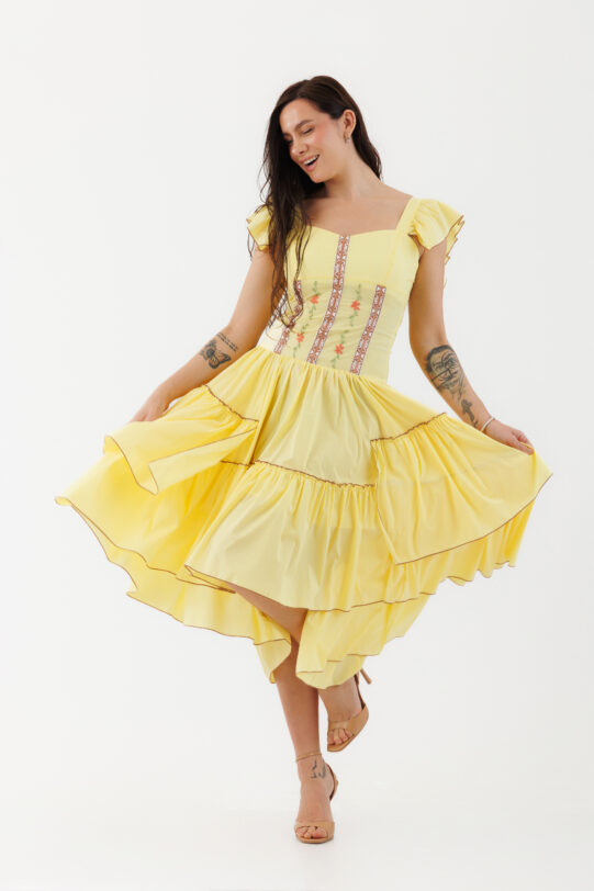 Rochie MATHILDE VALY galbena din poplin. Materiale naturale, design unicat, cu broderie si aplicatii handmade