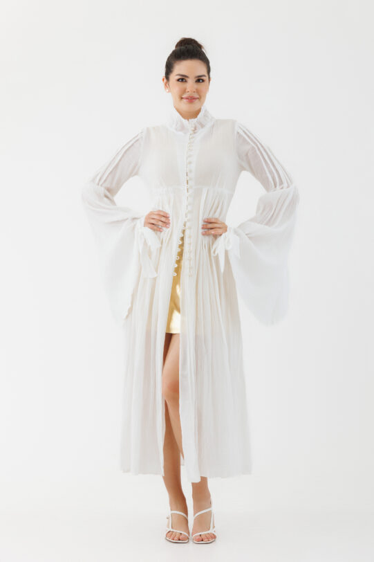 Rochie MATHILDE ZAIRA alba din panza topita. Materiale naturale, design unicat, cu broderie si aplicatii handmade