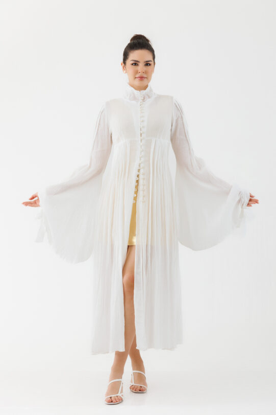 Rochie MATHILDE ZAIRA alba din panza topita. Materiale naturale, design unicat, cu broderie si aplicatii handmade