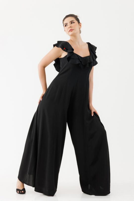 Salopeta MATHILDE Irina neagra din saten cu volanase. Materiale naturale, design unicat, cu broderie si aplicatii handmade