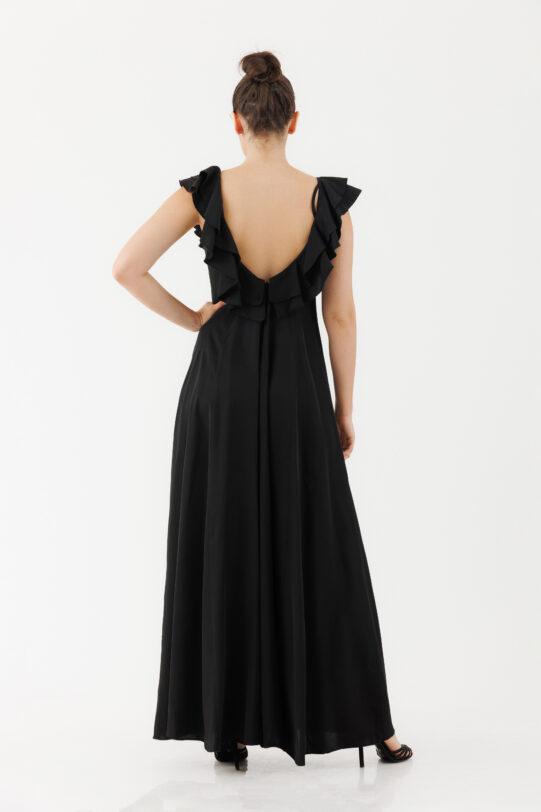 Salopeta MATHILDE Irina neagra din saten cu volanase. Materiale naturale, design unicat, cu broderie si aplicatii handmade