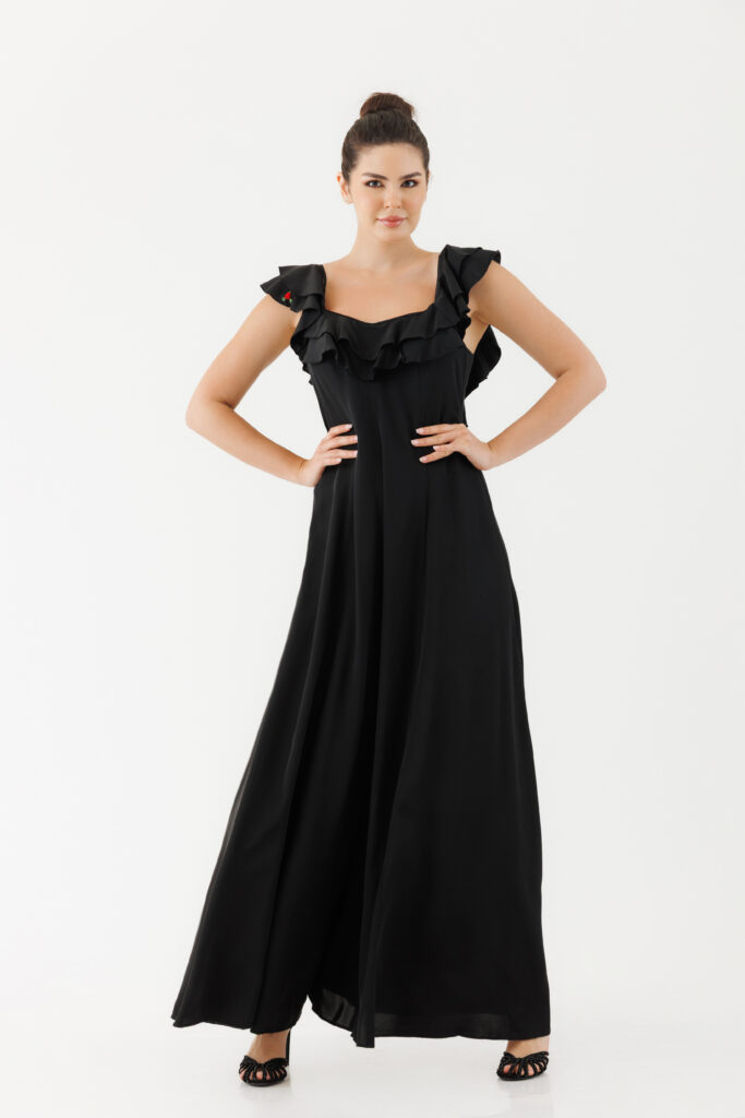 Salopeta MATHILDE Irina neagra din saten cu volanase. Materiale naturale, design unicat, cu broderie si aplicatii handmade