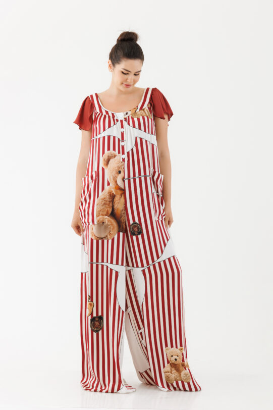 Salopeta MATHILDE RAMIA din bumbac satinat cu imprimeu bordo. Materiale naturale, design unicat, cu broderie si aplicatii handmade