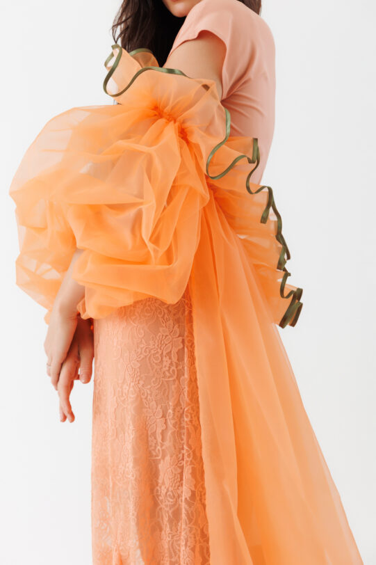 Trena MATHILDE MARTA portocalie din organza. Materiale naturale, design unicat, cu broderie si aplicatii handmade