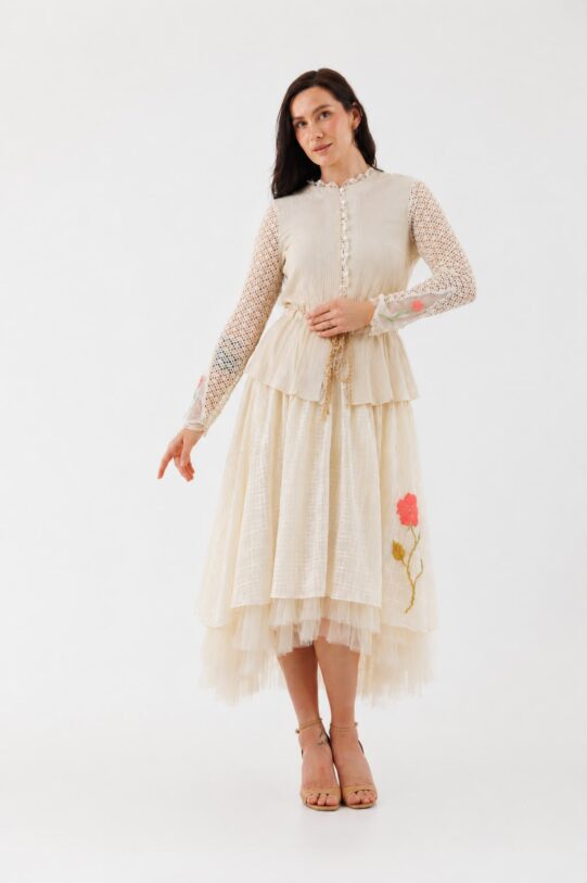 Fusta MATHILDE MAGY crem din poplin cu volane din tul. Natural fabrics, original design, handmade embroidery