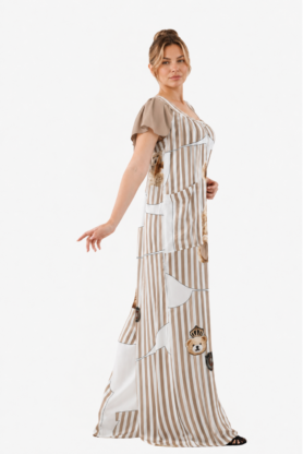 Salopeta MATHILDE RAMYA cappuccino din bumbac satinat cu imprimeu ursi. Natural fabrics, original design, handmade embroidery