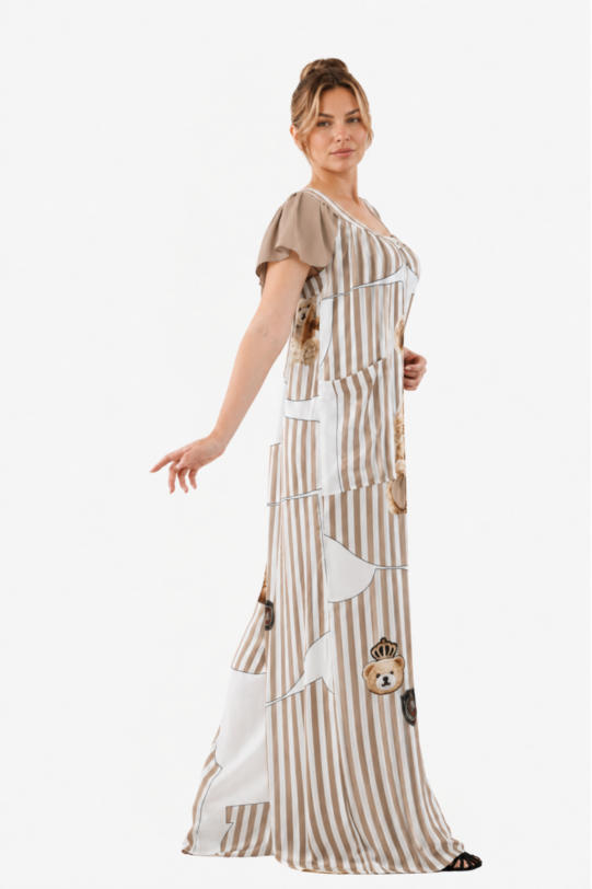 Salopeta MATHILDE RAMYA cappuccino din bumbac satinat cu imprimeu ursi. Natural fabrics, original design, handmade embroidery