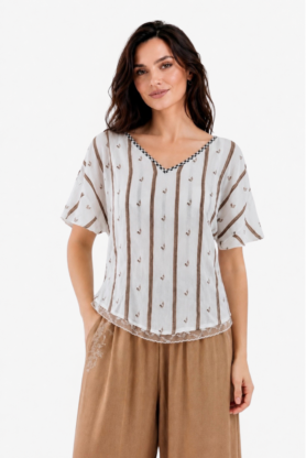 Bluza MATHILDE ZETA alba din viscoza cu dungi kaki. Materiale naturale, design unicat, cu broderie si aplicatii handmade