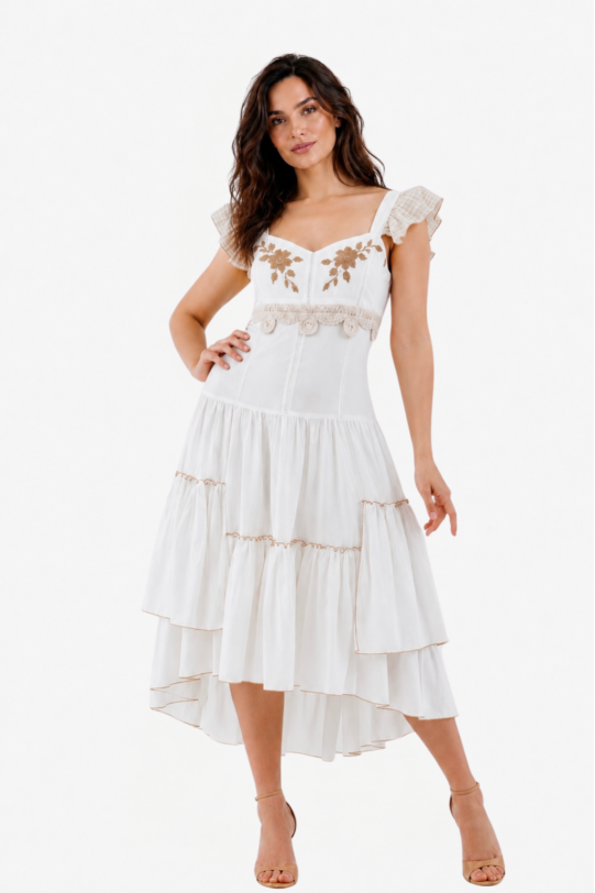 Rochie MATHILDE VALY alba din viscoza. Materiale naturale, design unicat, cu broderie si aplicatii handmade
