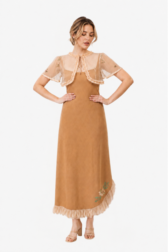 Rochie MATHILDE DARCY din in aramiu cu bolero din tul. Materiale naturale, design unicat, cu broderie si aplicatii handmade