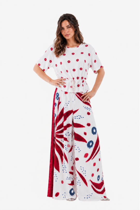 Pantalon AGUSTIN cu print rosu si albastru. Materiale naturale, design unicat, cu broderie si aplicatii handmade