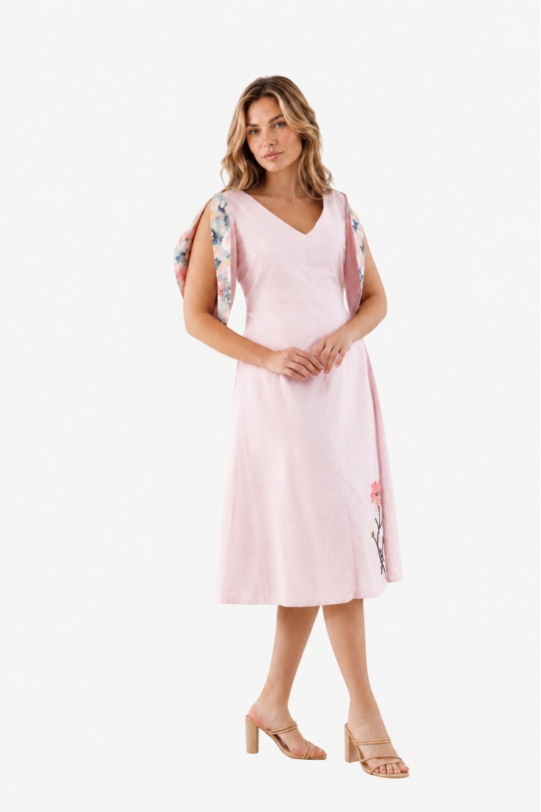 Rochie MATHILDE VIVIANA din in cu maneca structurata. Materiale naturale, design unicat, cu broderie si aplicatii handmade