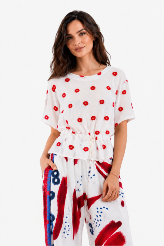 Bluza MATHILDE BERRY alba cu broderie florala rosie. Materiale naturale, design unicat, cu broderie si aplicatii handmade