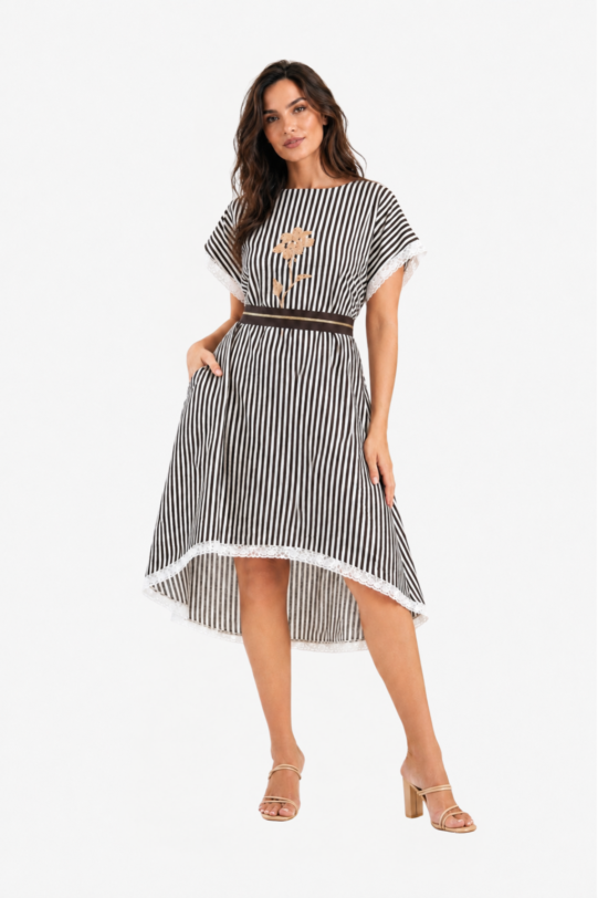 Rochie MATHILDE AURELIA din in cu dungi si cordon. Materiale naturale, design unicat, cu broderie si aplicatii handmade