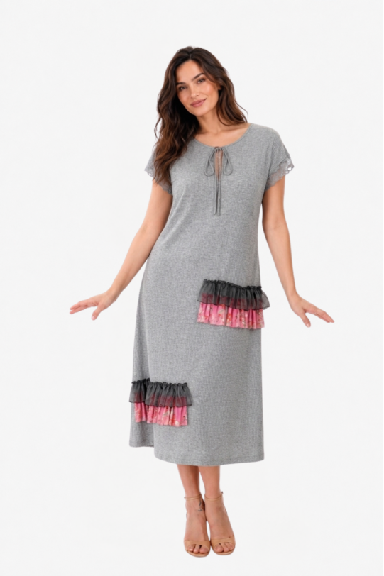 Rochie MATHILDE LIVY gri din jerse cu volane din organza si tul. Materiale naturale, design unicat, cu broderie si aplicatii handmade