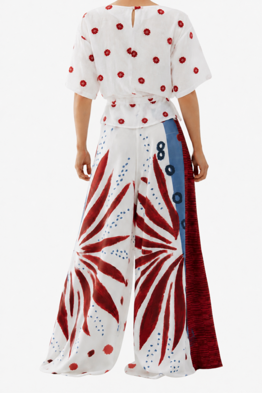 Pantalon AGUSTIN cu print rosu si albastru. Materiale naturale, design unicat, cu broderie si aplicatii handmade
