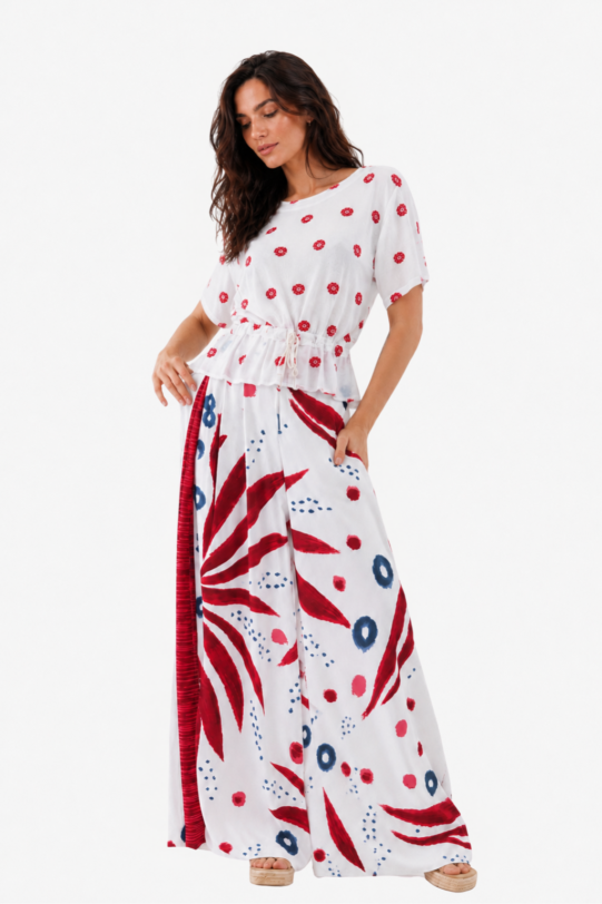 Pantalon AGUSTIN cu print rosu si albastru. Materiale naturale, design unicat, cu broderie si aplicatii handmade
