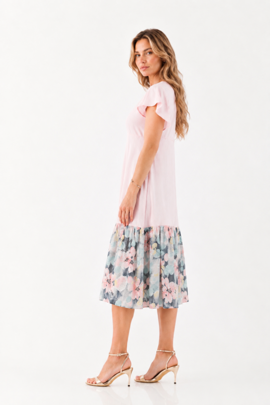 Salopeta MATHILDE IRINA bej din viscoza cu bretele si volane. Materiale naturale, design unicat, cu broderie si aplicatii handmade