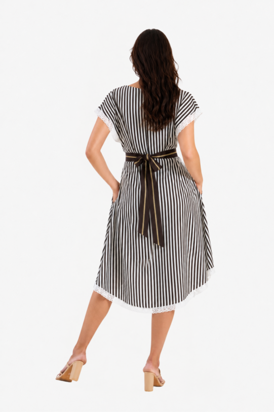 Rochie MATHILDE AURELIA din in cu dungi si cordon. Materiale naturale, design unicat, cu broderie si aplicatii handmade