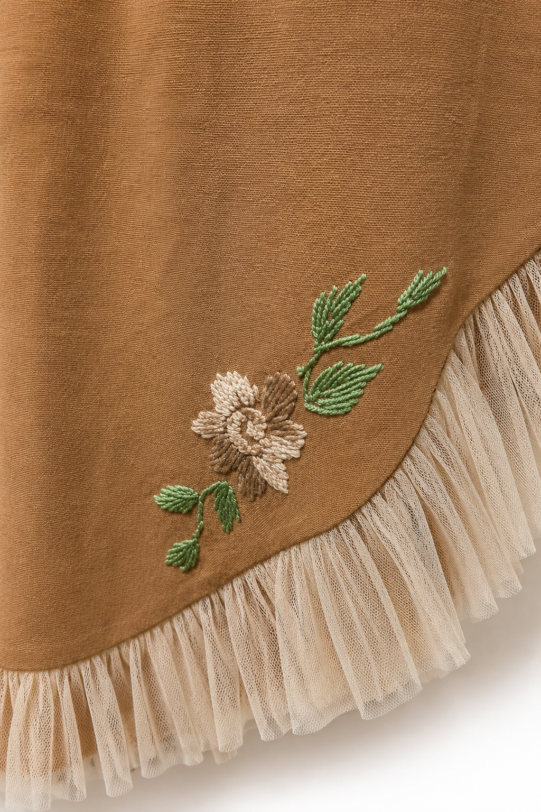 Rochie MATHILDE DARCY din in aramiu cu bolero din tul. Materiale naturale, design unicat, cu broderie si aplicatii handmade