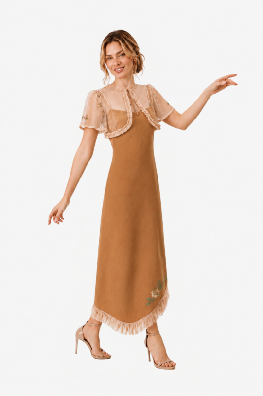 Rochie MATHILDE DARCY din in aramiu cu bolero din tul. Materiale naturale, design unicat, cu broderie si aplicatii handmade