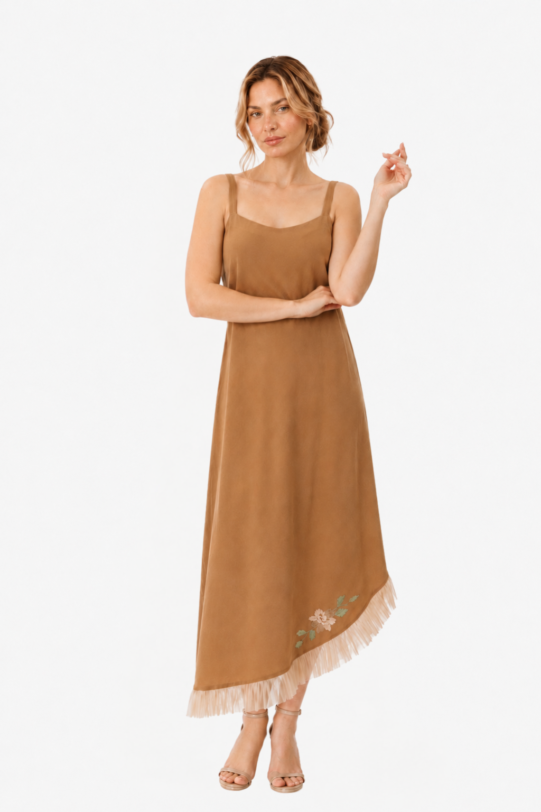 Rochie MATHILDE DARCY din in aramiu cu bolero din tul. Materiale naturale, design unicat, cu broderie si aplicatii handmade