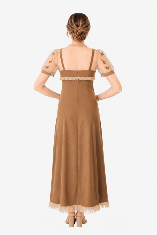 Rochie MATHILDE DARCY din in aramiu cu bolero din tul. Materiale naturale, design unicat, cu broderie si aplicatii handmade