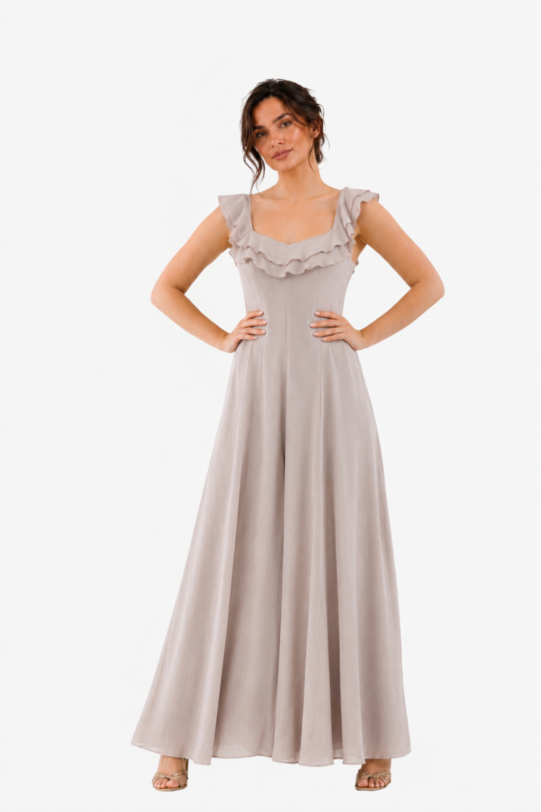 Salopeta MATHILDE IRINA bej din viscoza cu bretele si volane. Natural fabrics, original design, handmade embroidery