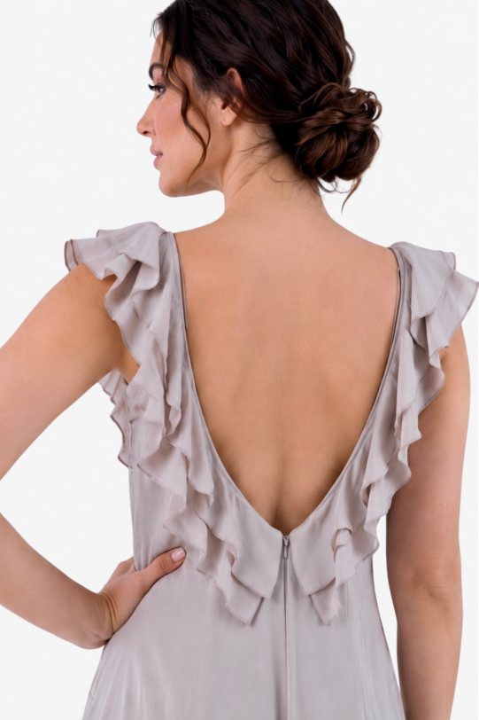 Salopeta MATHILDE IRINA bej din viscoza cu bretele si volane. Natural fabrics, original design, handmade embroidery
