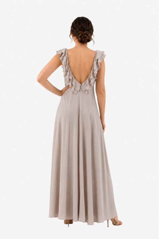 Salopeta MATHILDE IRINA bej din viscoza cu bretele si volane. Natural fabrics, original design, handmade embroidery