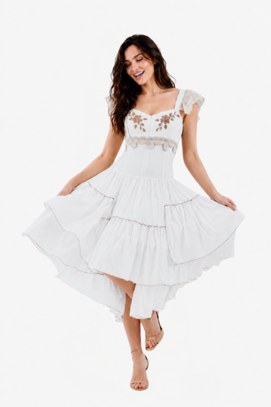 Rochie MATHILDE VALY alba din viscoza. Materiale naturale, design unicat, cu broderie si aplicatii handmade