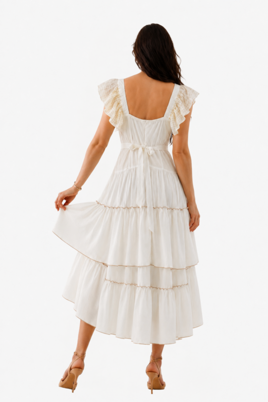 Rochie MATHILDE VALY alba din viscoza. Materiale naturale, design unicat, cu broderie si aplicatii handmade