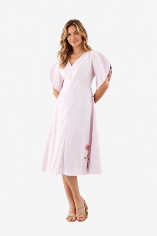 Rochie MATHILDE VIVIANA din in cu maneca structurata. Materiale naturale, design unicat, cu broderie si aplicatii handmade